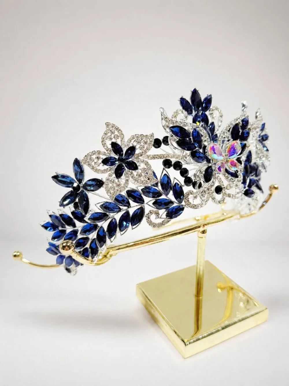 Navy Blue Crystal Butterfly Tiara Crown Silver Beauty Pageant Bridal Prom crown